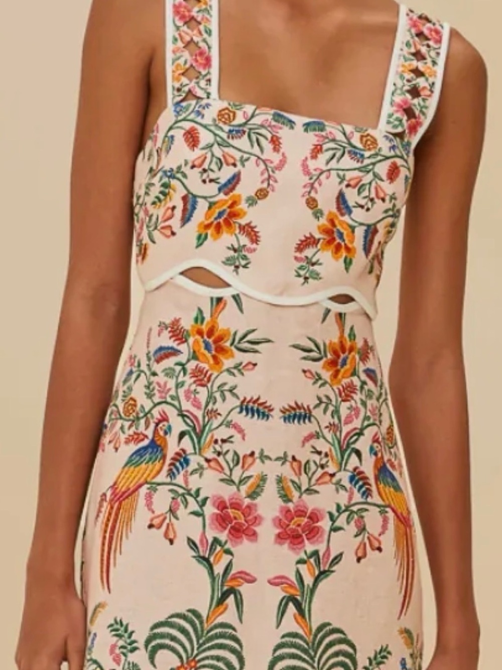 FARM Rio Cream Mini Dress Forest Linen Floral & Pink Trim Small - Picture 6 of 6